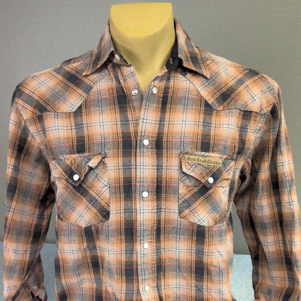 Jesse James West Coast Choppers Shirt Pearl Snap Brown Check Men's Large